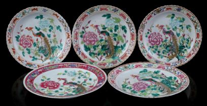 5 porcelain Famille Rose dishes, 19th