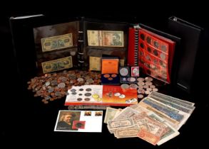 Lot various coins and banknotes