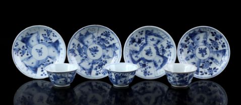 3 porcelain cups and 4 saucers, Kangxi