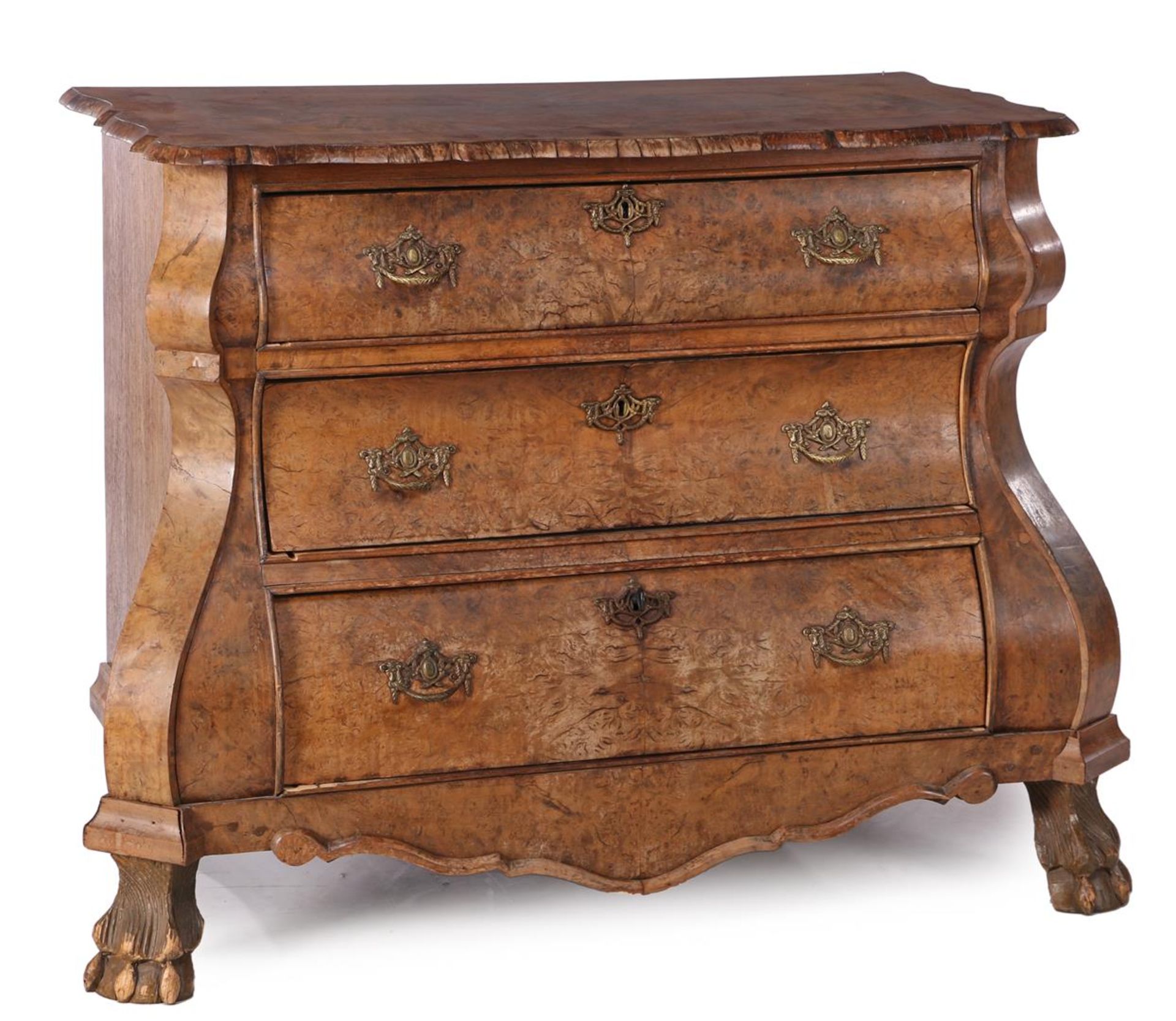 Burr walnut veneer on oak 3-drawer chest of drawers