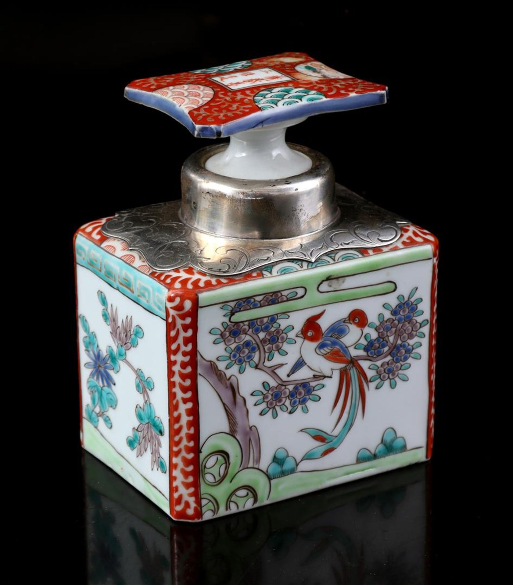 Porcelain Arita tea caddy with silver, Japan 19th