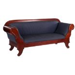 Mahogany sofa with blue striped upholstery