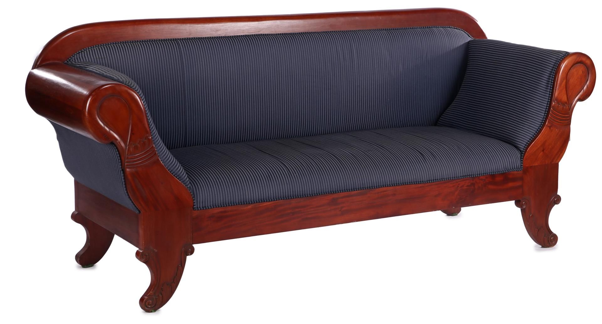 Mahogany sofa with blue striped upholstery