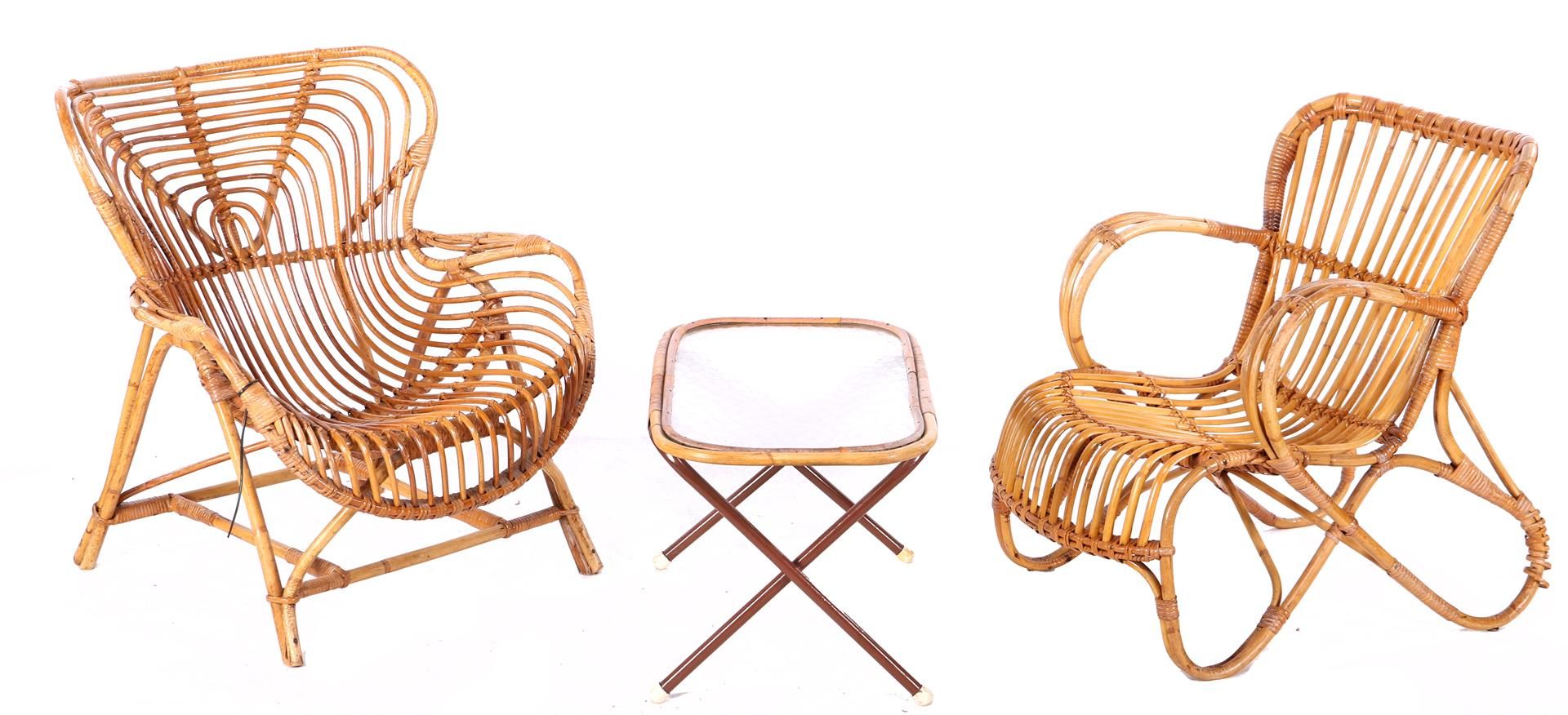 Rattan armchairs and table