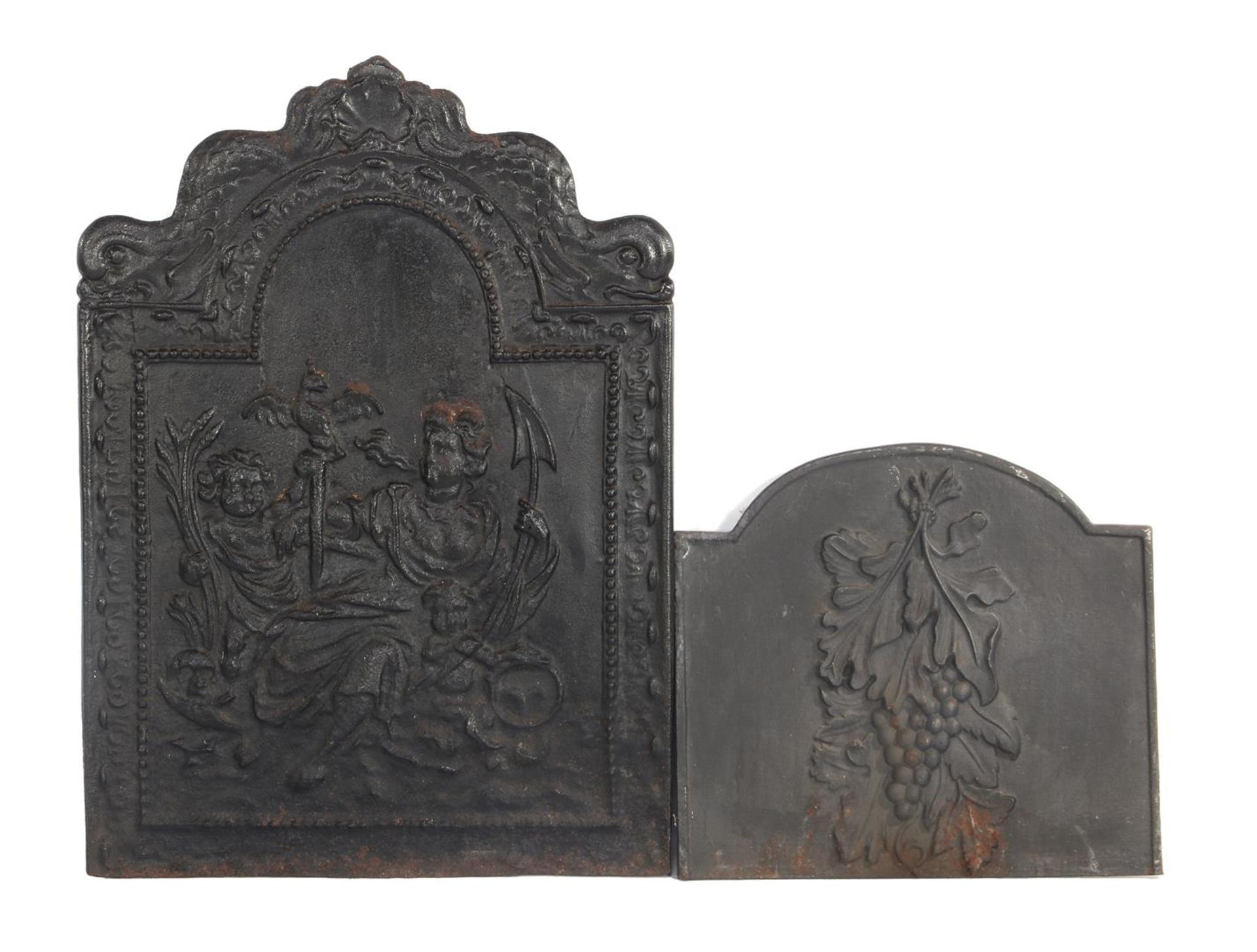 2 pieces of cast iron fireback with scene