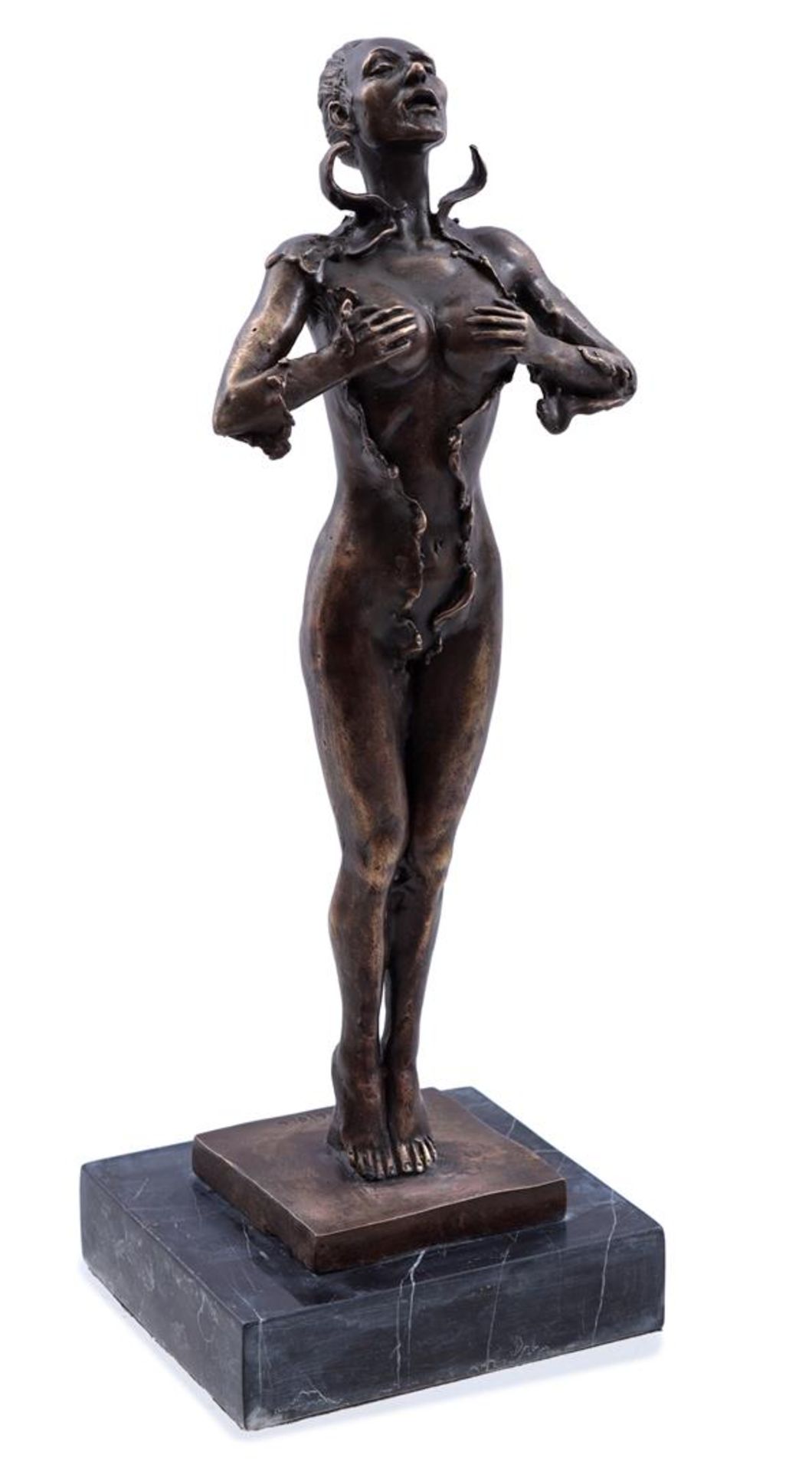 Bronze statue of a lady in a catsuit