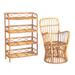Rattan bookcase and armchair