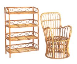 Rattan bookcase and armchair