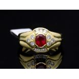 Ring Ruby 750 / 18 Yellow Gold Diamond Burma / Myanmar