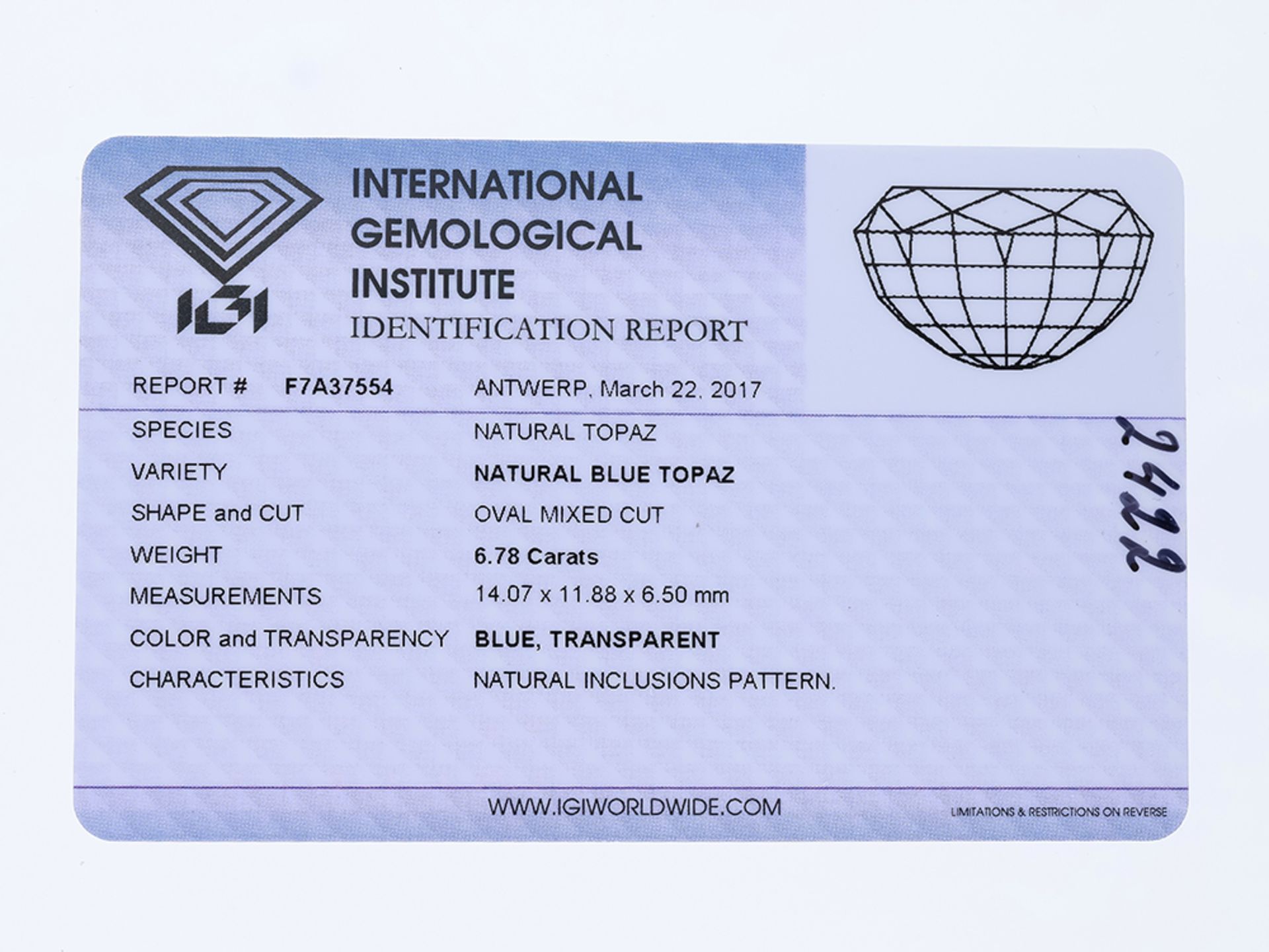 Topas Edelstein ca. 6,78 Karat mit IGI Zertifikat - Bild 2 aus 2