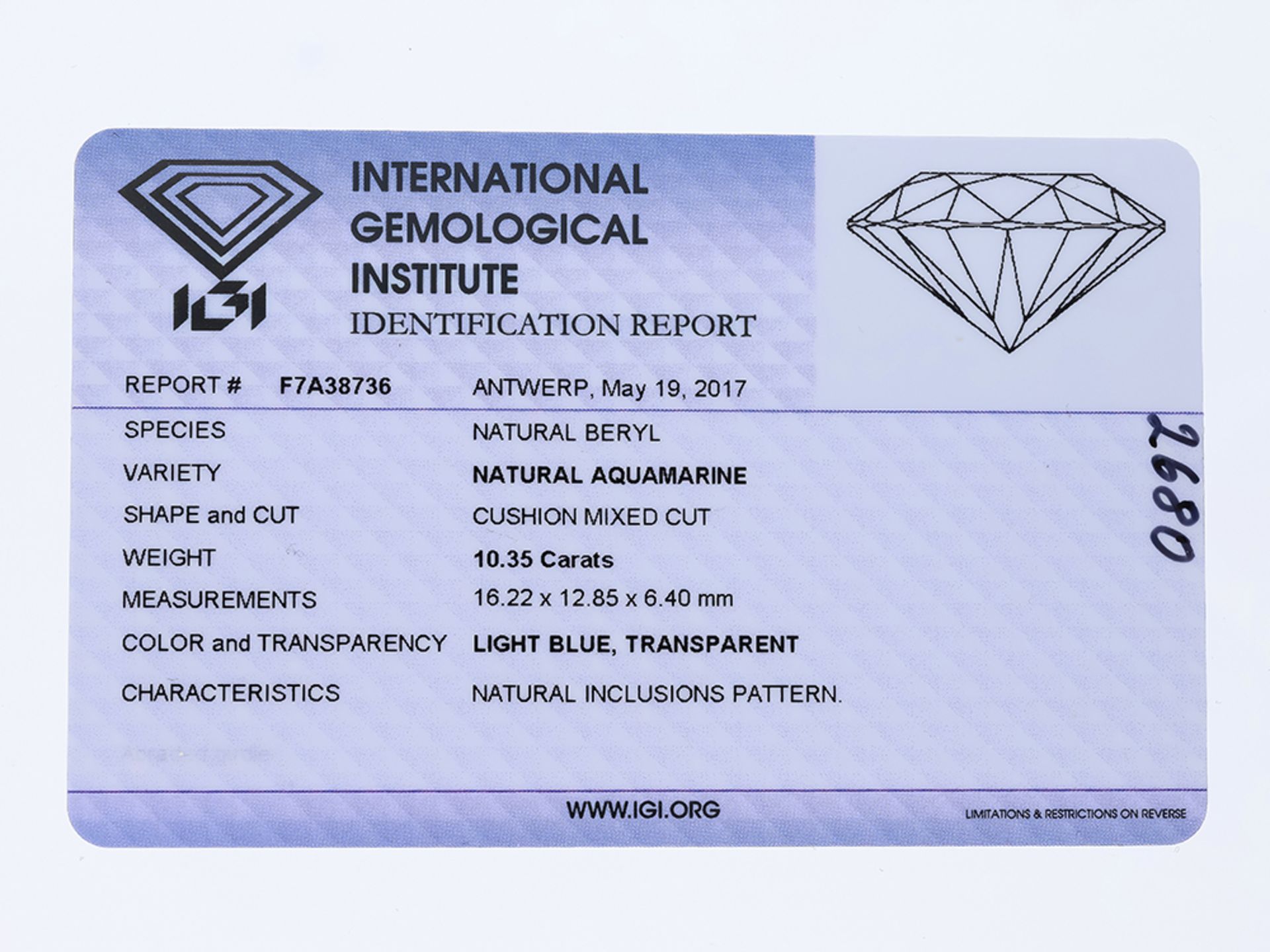 Gemstone Aquamarine 10,35 ct. with IGI Report - Image 2 of 2