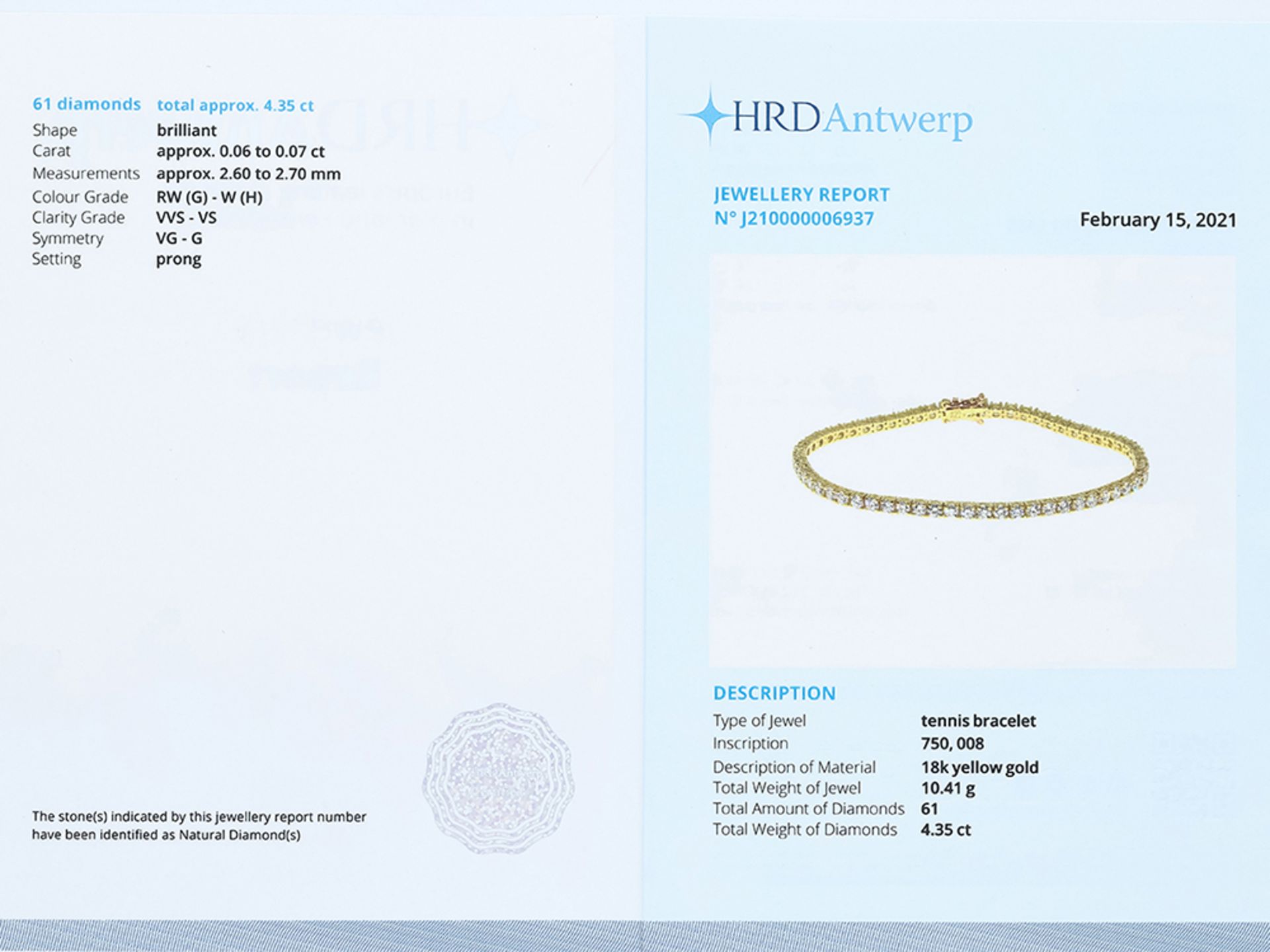 Armband mit 4,35 Karat Diamanten in 750 / 18 Karat Gelbgold mit HRD Expertise - Bild 6 aus 6