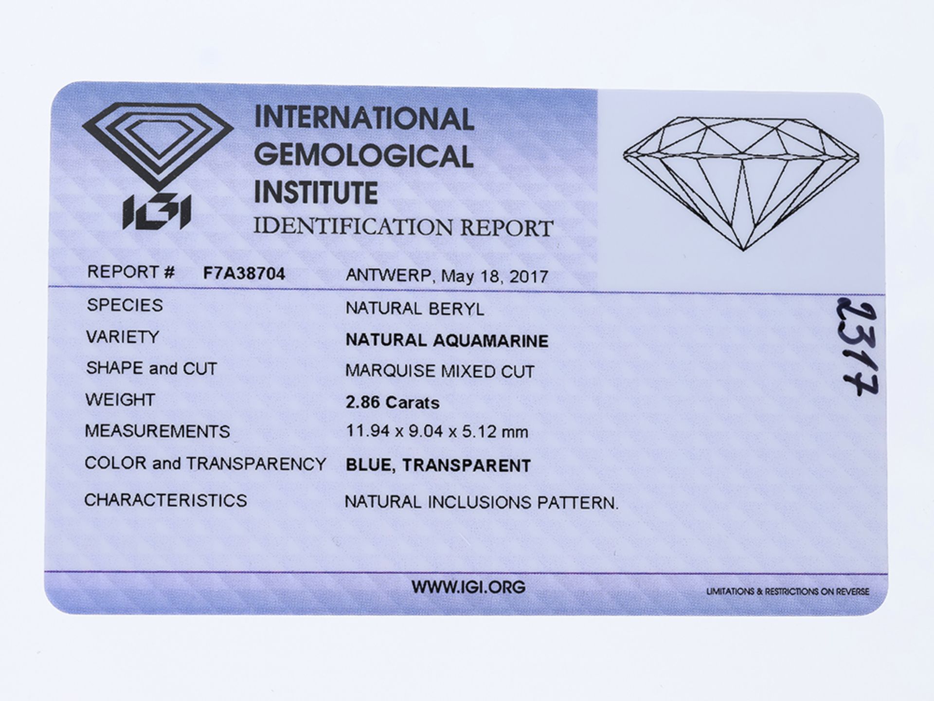 Gemstone Aquamarine 2,86 ct. with IGI Report - Image 2 of 2