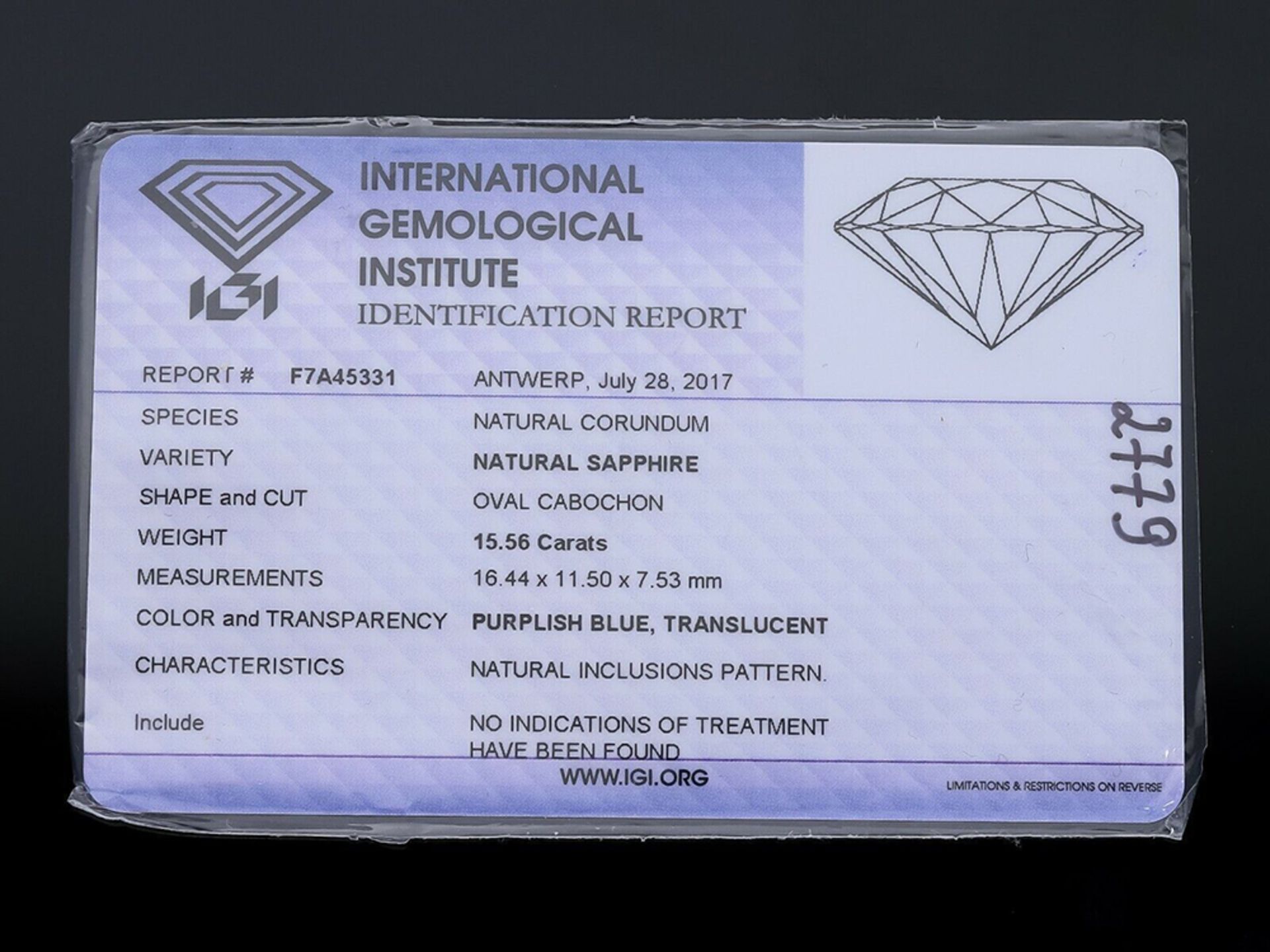 Ring Sapphire 750 / 18 White gold Diamond with IGI report - Image 4 of 6