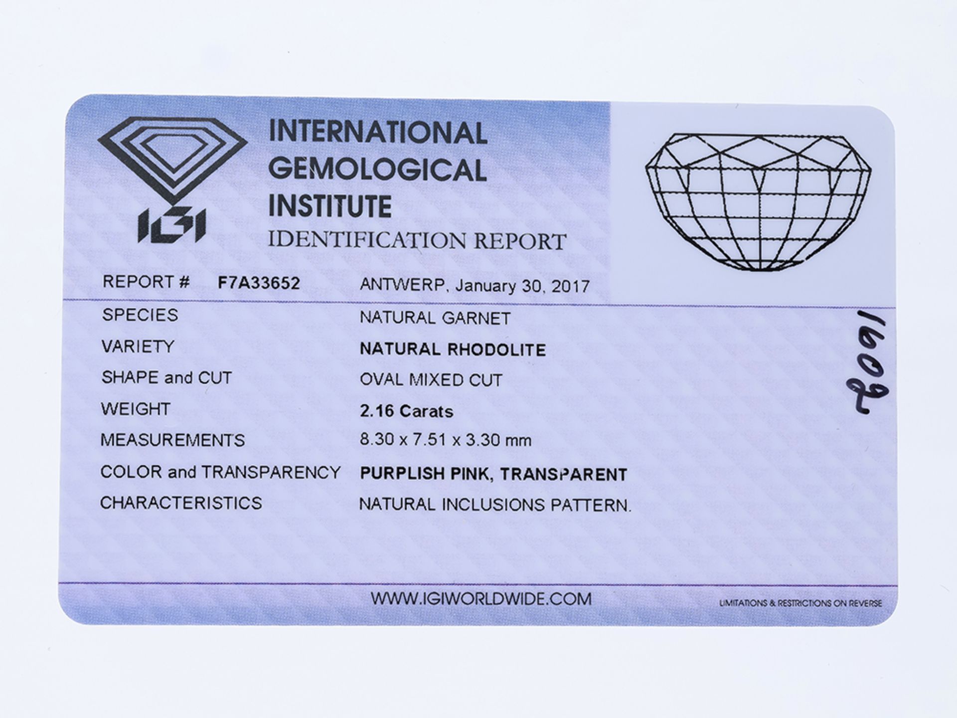 Edelstein Rhodolith ca. 2,16 Karat mit IGI Zertifikat - Bild 2 aus 2