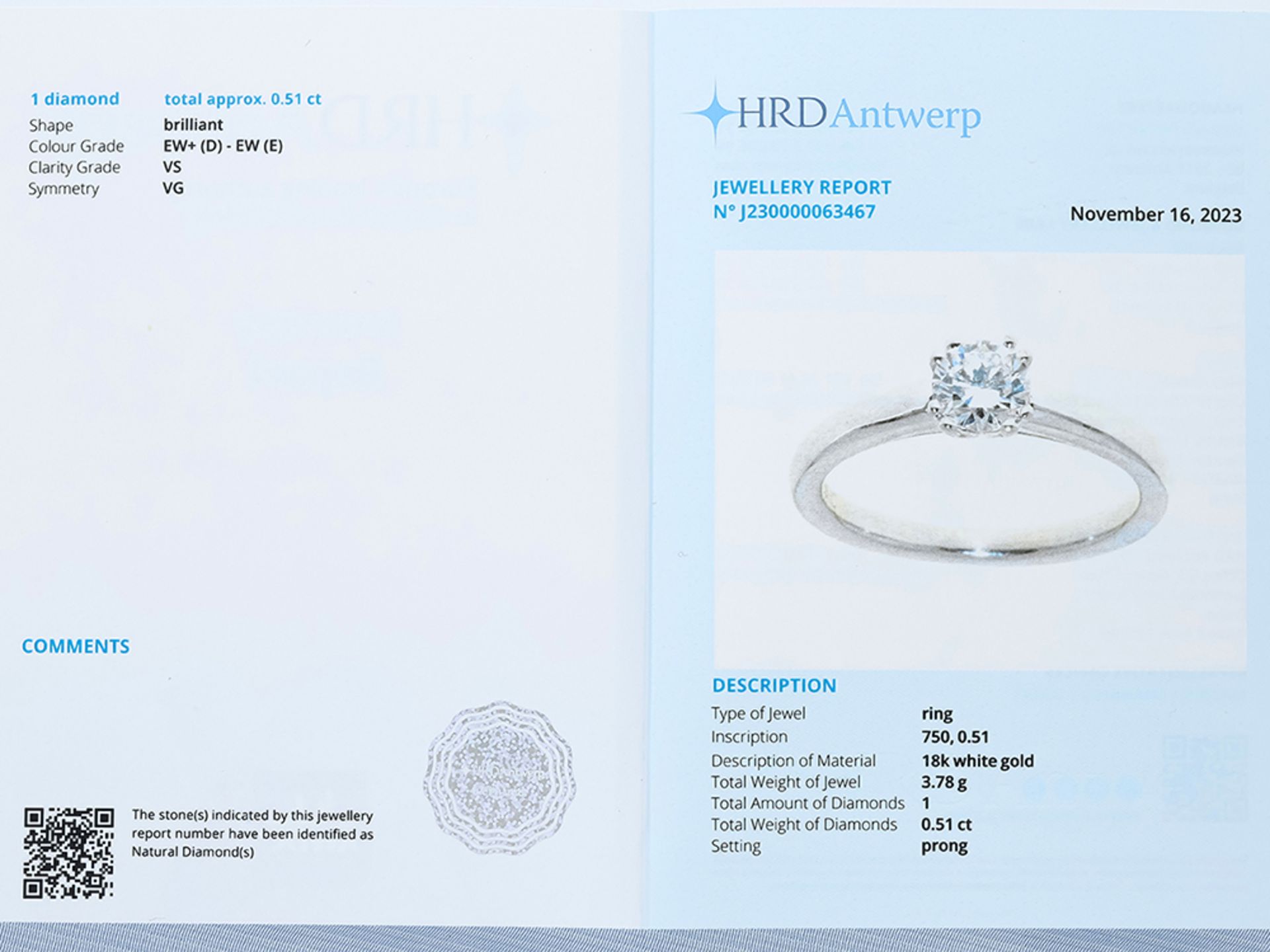 Ring Diamant 750 / 18 Karat Weißgold von Rüschenbeck mit HRD Zertifikat - Bild 6 aus 6