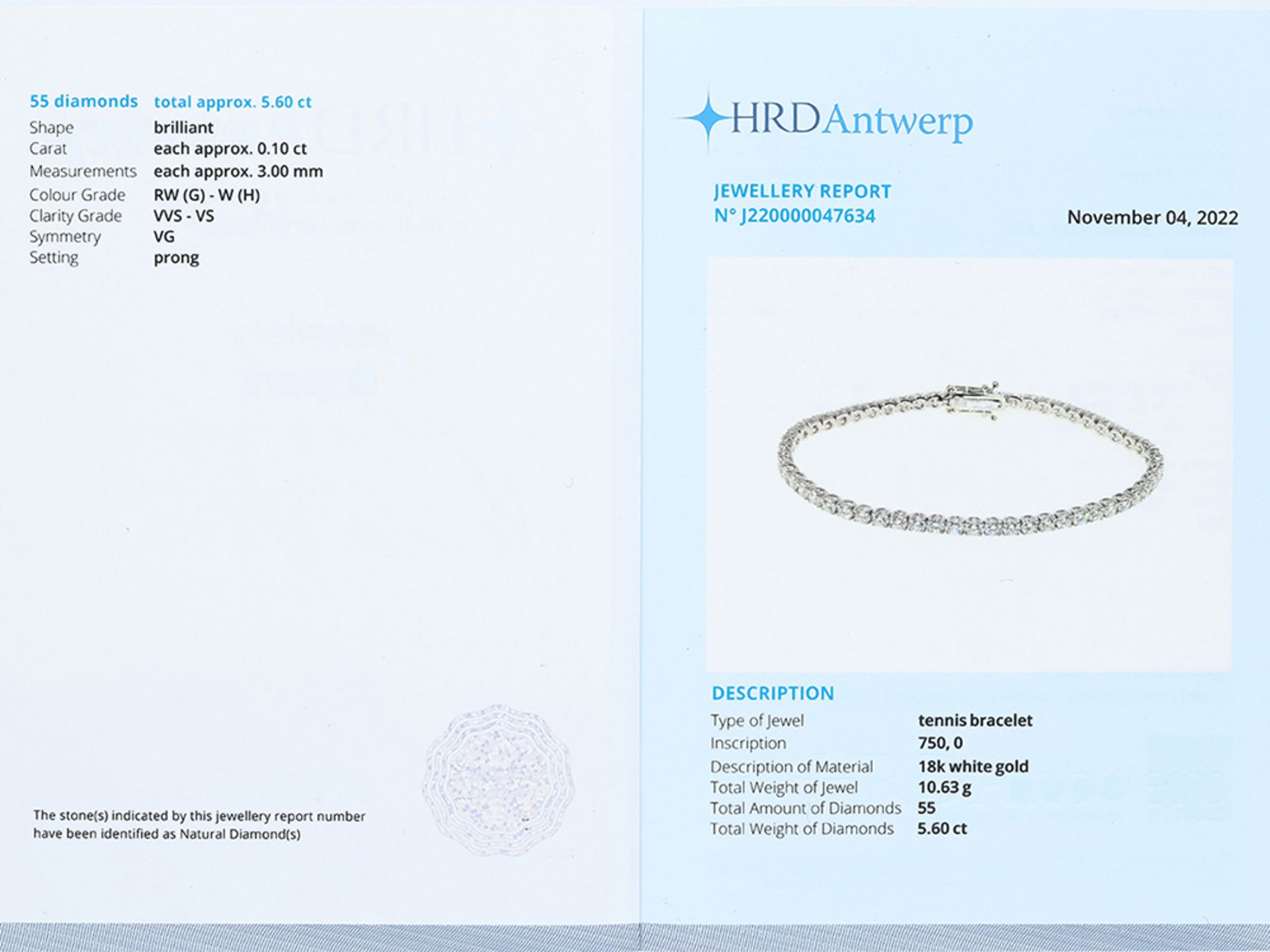 Armband 5,60 Karat Diamanten 750 / 18 Karat Weißgold HRD Expertise - Bild 6 aus 6