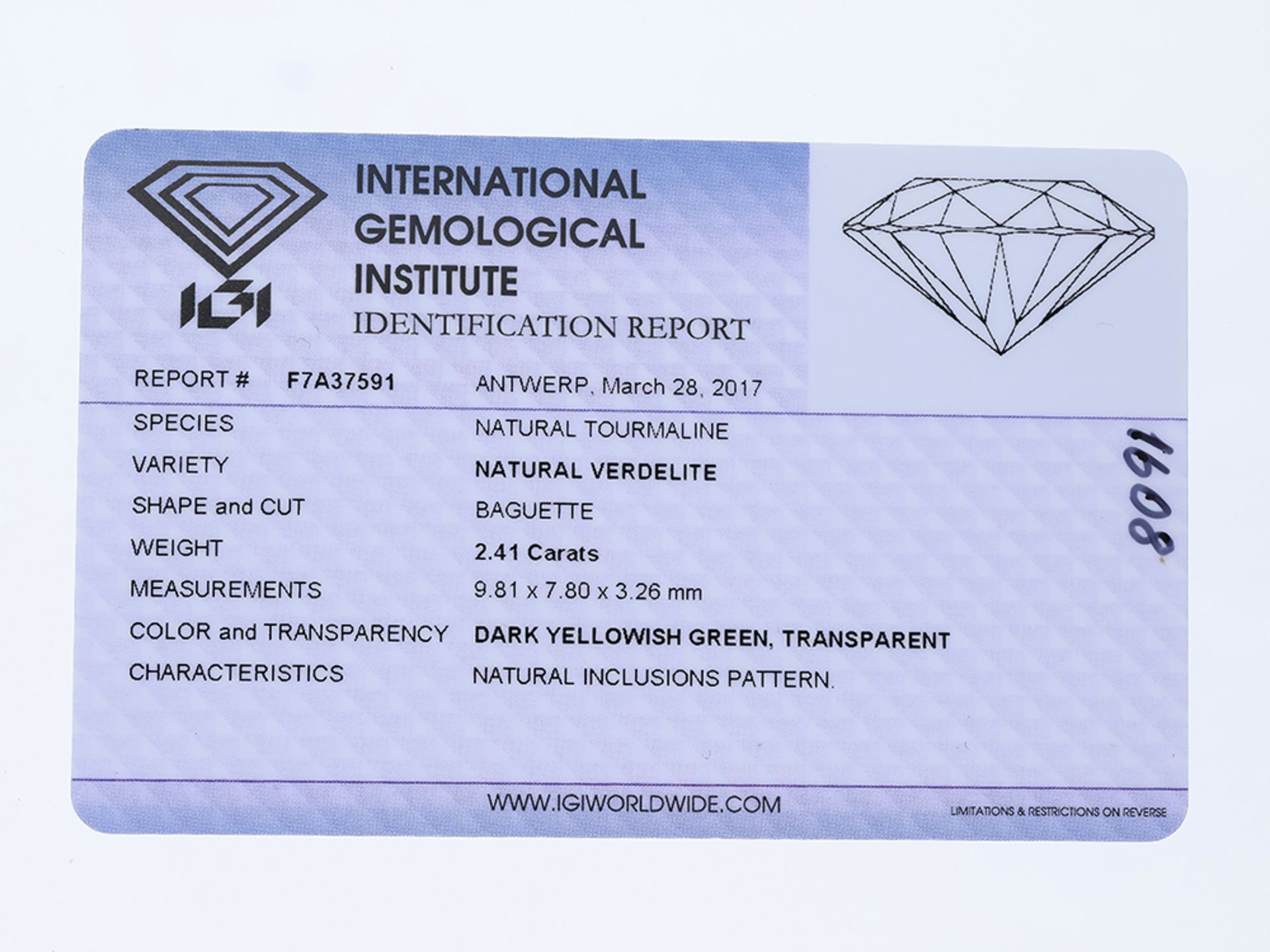 Edelstein Turmalin ca. 2,41 Karat mit IGI Zertifikat - Bild 2 aus 2