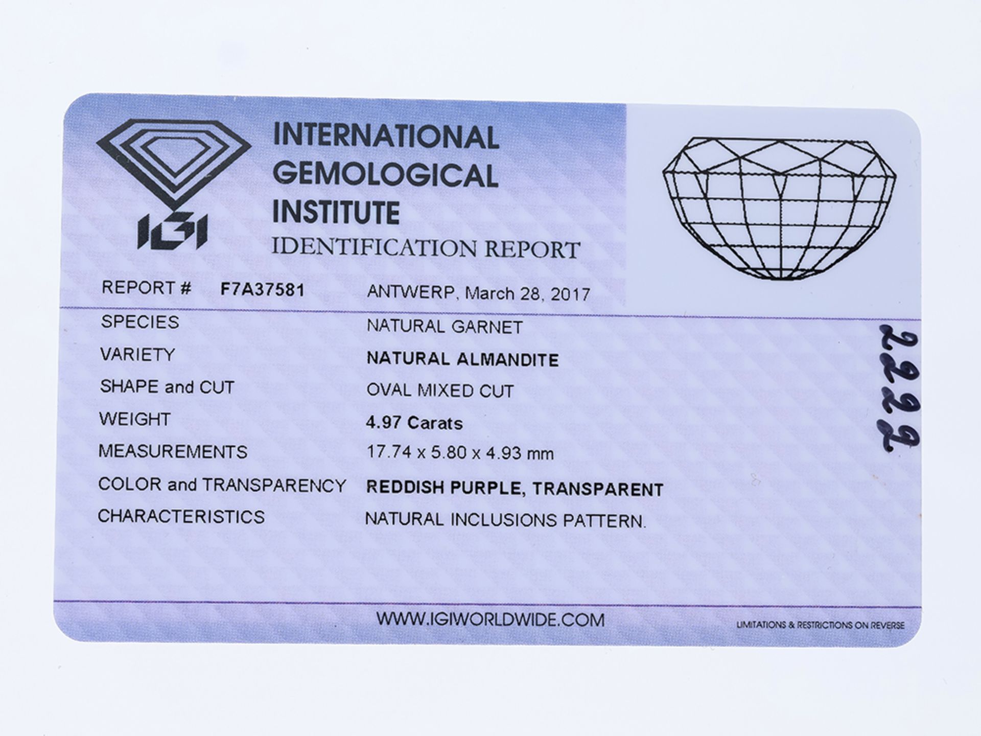 Almandin Edelstein ca. 4,97 Karat mit IGI Zertifikat - Bild 2 aus 2