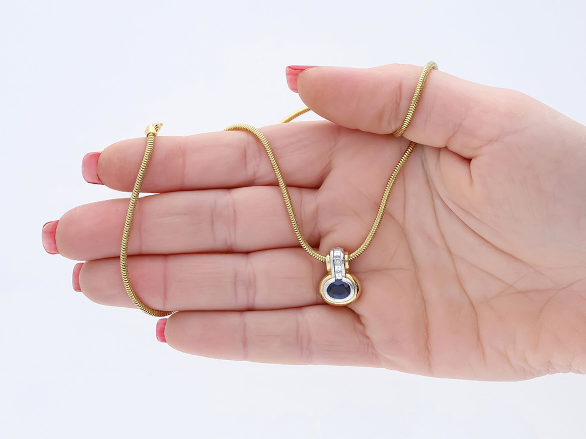 Halskette mit Anhänger Saphir Diamant 585 / 14 Karat Gelbgold - Bild 5 aus 6