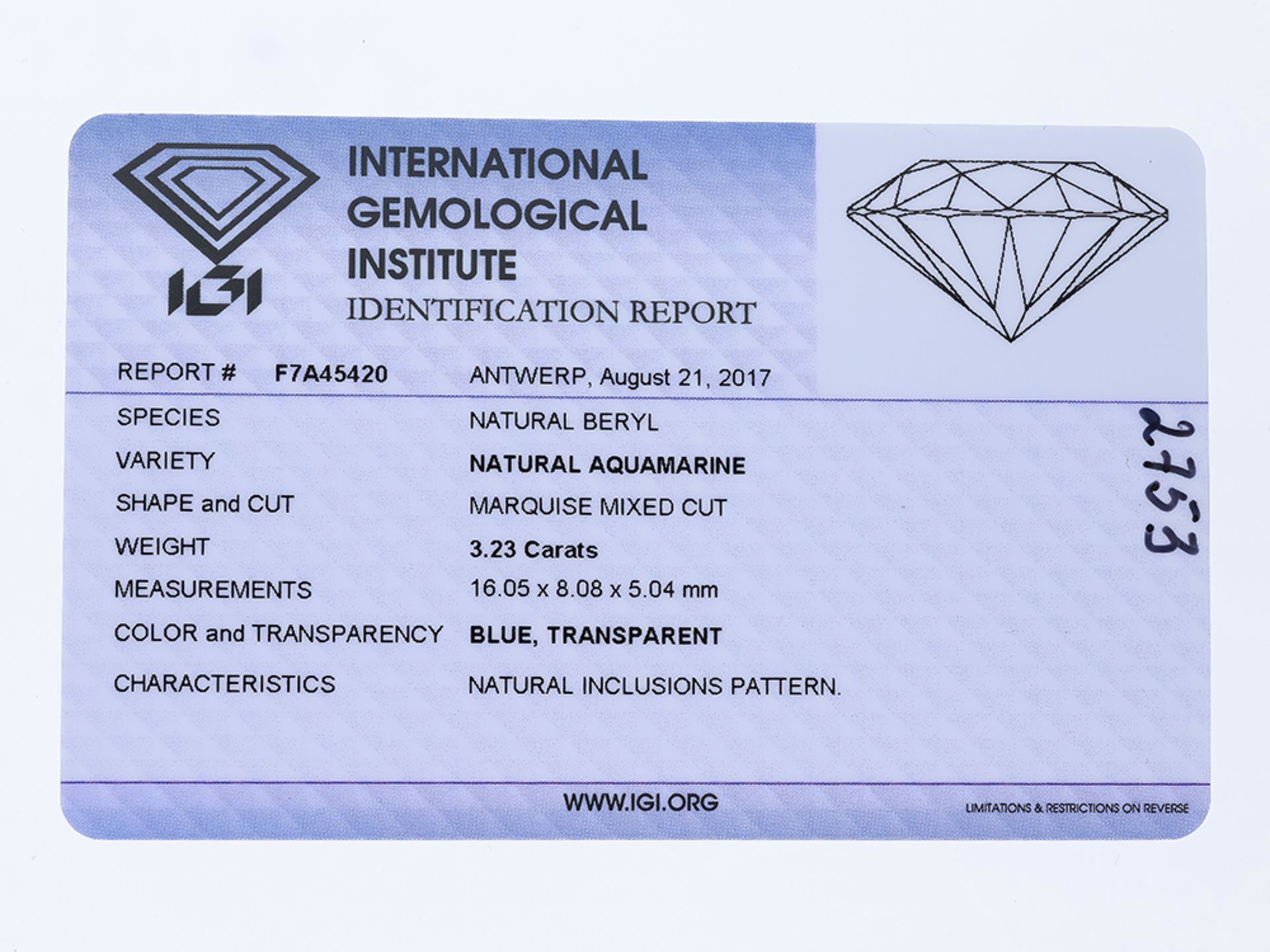 Gemstone Aquamarine ca. 3,23 ca. with IGI Report - Image 2 of 2