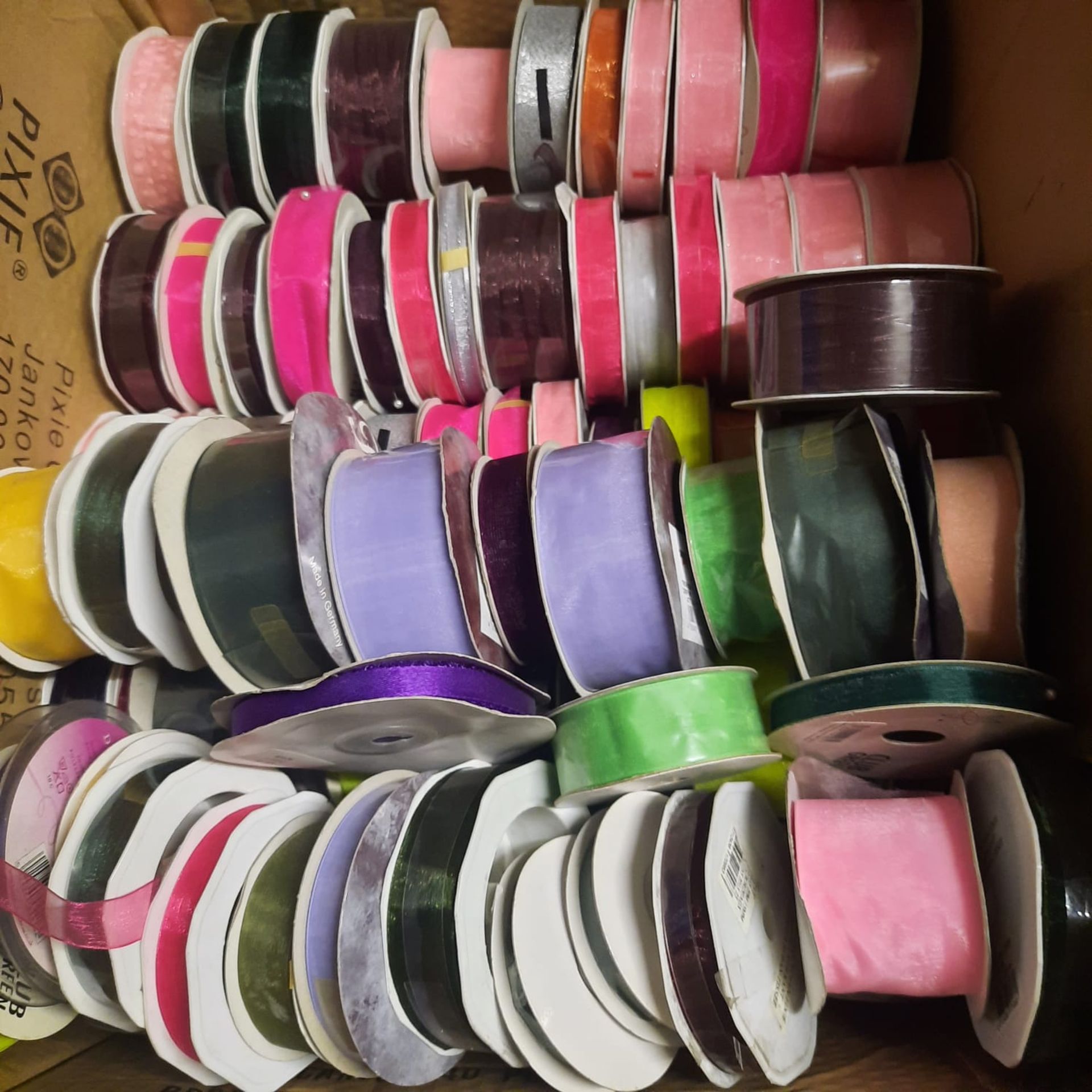 OVER 90 RIBBONS IN VARIOUS COLOURS, DESIGNS AND SIZES IN MIX CONDITIONS- SALEROOM AT BOTTOM OF