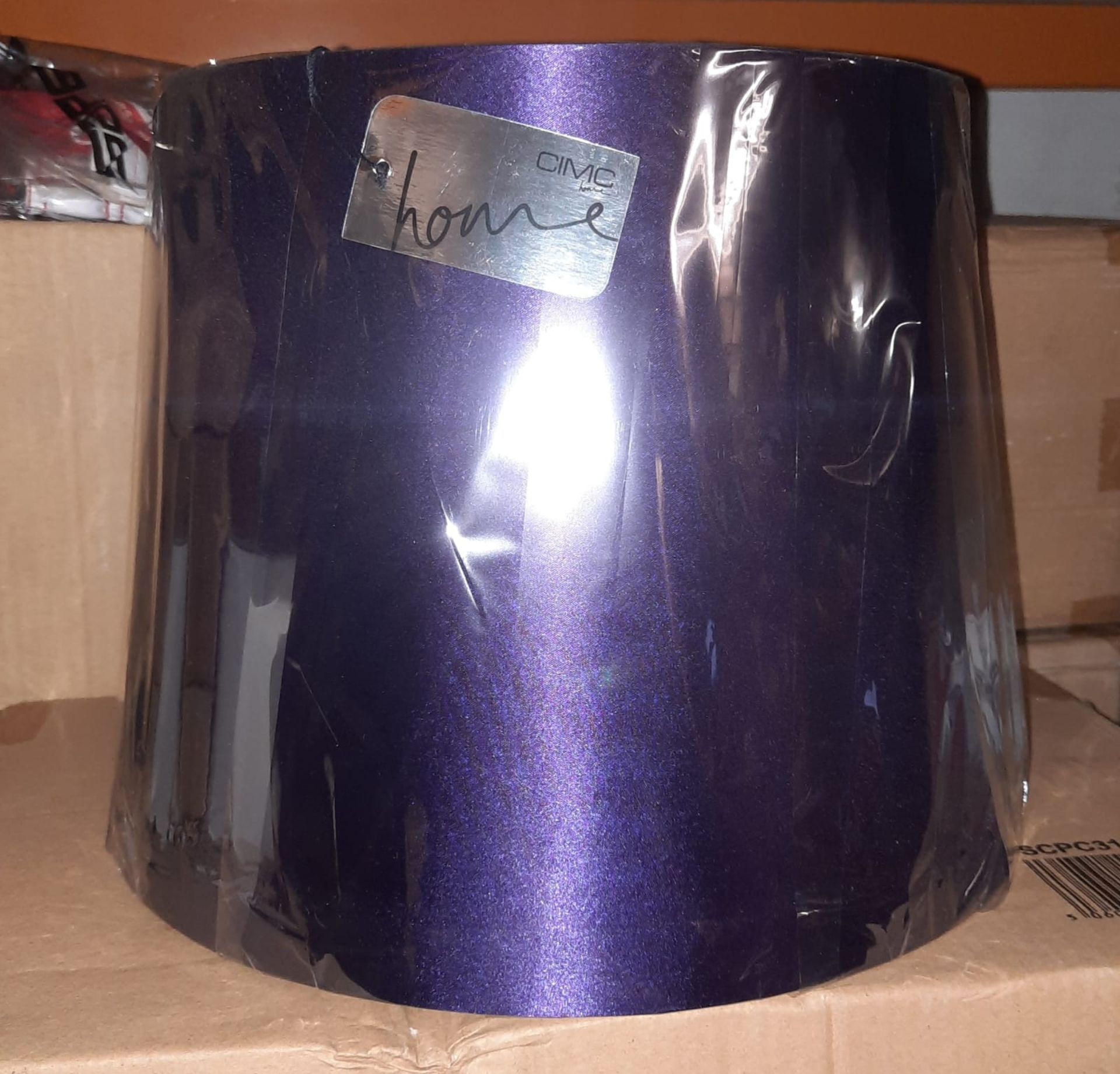 X 10 BRAND NEW & BOXED PURPLE LAMP SHADES SOURCED FROM CIMC HOMES SALEROOM ON MID OF ROW (C).