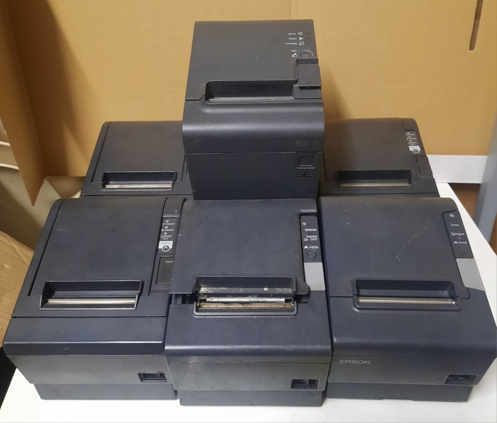 X 7 VARIOUS RECEIPT PRINTERS INCLUIDING EPSON FROM A WORKING ENVIROMENT, BUT NOT TESTED BY US -