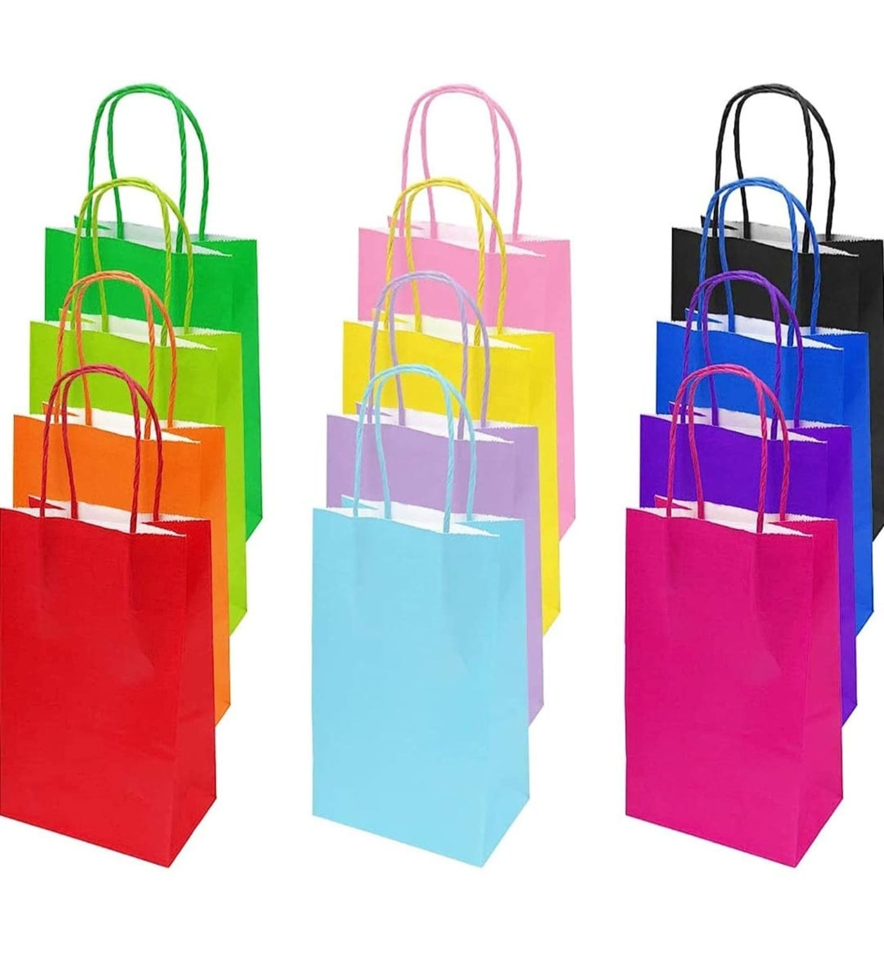 X 130 NEW PAPER BAGS WITH HANDLES IN VARIOUS COLOURS, NOTE: THEY ARE ONLY YELLOW & GREEN, BEEN