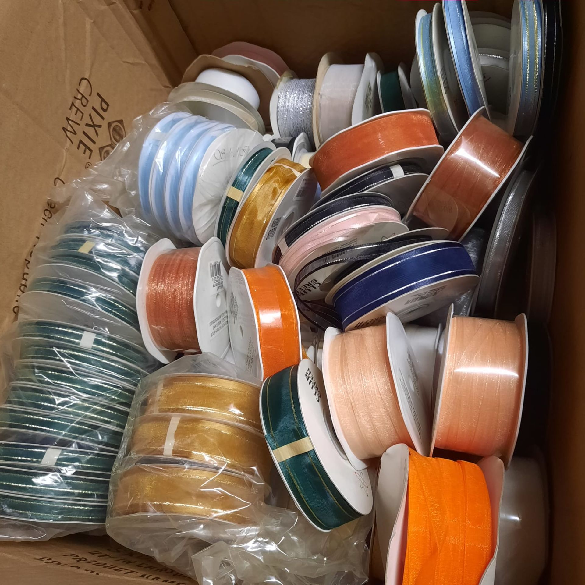 OVER 90 RIBBONS IN VARIOUS COLOURS, DESIGNS AND SIZES IN MIX CONDITIONS- SALEROOM AT BOTTOM OF