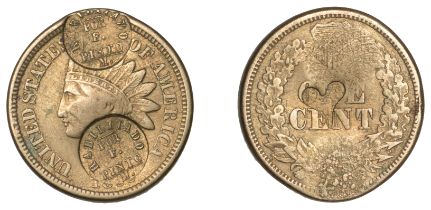Costa Rica, BRENE SAN MIGUEL, F. Pinto M., a US Cent, 1860, obv. countermarked twice with ha...