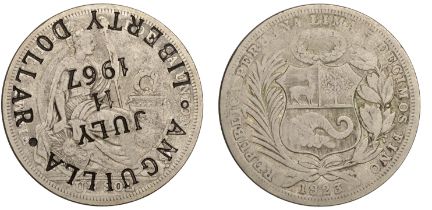 Anguilla, Liberty Dollar, a Peru 1 Sol, 1923, obv. countermarked incuse anguilla liberty dol...