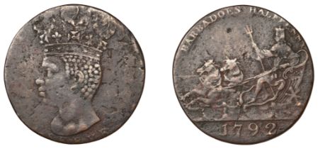 Barbados, ST JAMES, Sir Philip Gibbs, Halfpenny, 1792, by J. Milton, African head left, with...