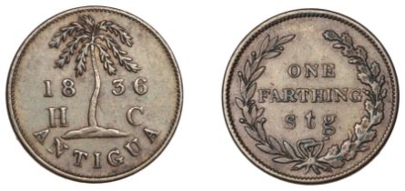 Antigua, ST JOHN'S, Hornel & Coltart, Farthing, 1836, obv. palm tree dividing date and h c,...