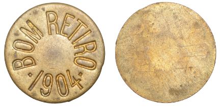 St Thomas & Prince Islands, Bom Retiro, plantation token, 1904, uniface, brass, 27mm. Very f...