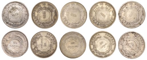 Costa Rica, Countermarked coinage, 25 Centimos dated 1886, 1889, and 1892 (3), each with obv...