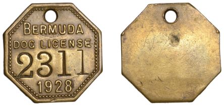 Bermuda, Dog Licence, 1928, uniface, stamped '2311', octagonal brass, 25mm. Good very fine,...