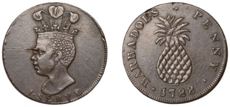 Barbados, ST JAMES, Sir Philip Gibbs, Penny, 1788, African head left with coronet with plume...