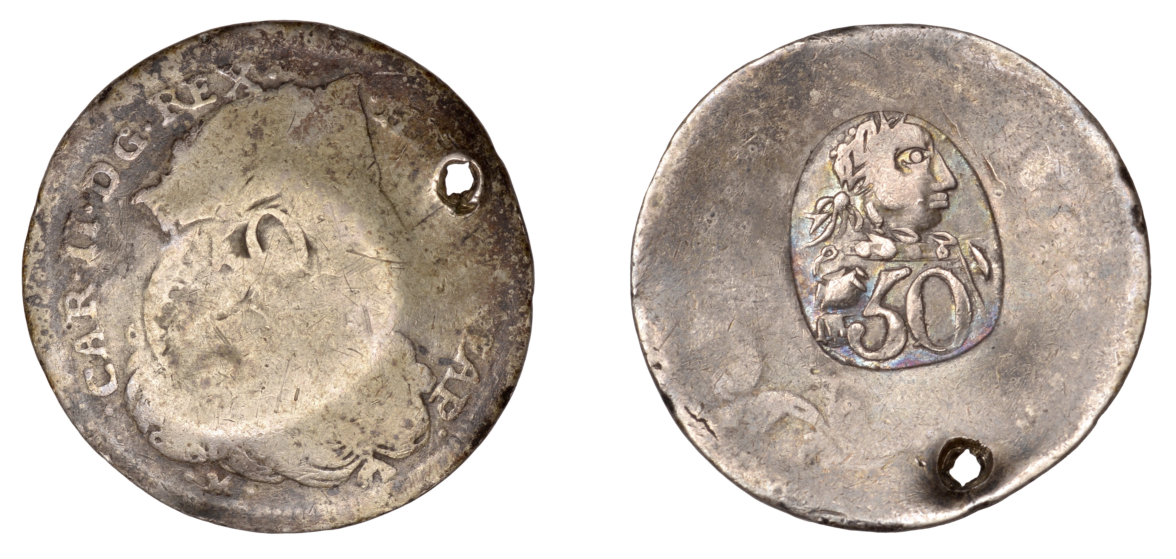 Ionian Islands, Authority of 1813, Fifty Para, a Charles II Tari, rev. countermarked with a...
