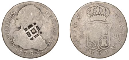 Cuba, Province of Trinidad, a Spanish 2 Reales, 1783, Madrid, obv. countermarked lattice and...