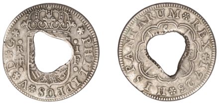 Gibraltar, Quarter-Dollar, c. 1760, a Philip V 2 Reales (Pistareen), 1723, Madrid, centrally...