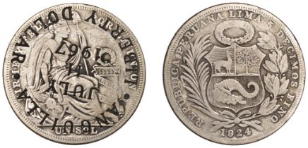 Anguilla, Liberty Dollar, a Peru 1 Sol, 1924, obv. countermarked incuse anguilla liberty dol...