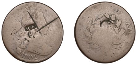 United States of America, Cent, 1802, draped bust type, obv. countermarked rf (Rufus Farnam)...