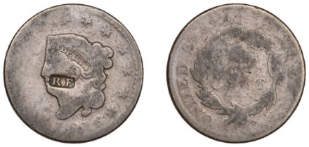 United States of America, Cent, 1816, obv. countermarked rf (Rufus Farnam) within a rectangu...