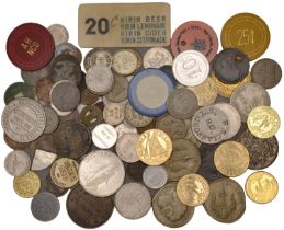 Miscellaneous, Assorted World tokens, checks, coins, etc, mostly base metal [88]. Varied sta...