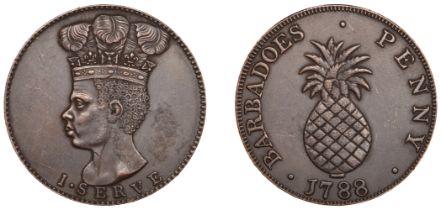 Barbados, ST JAMES, Sir Philip Gibbs, Restrike Proof Penny, 1788, African head left with cor...