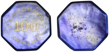 Miscellaneous, CUNARD LINE, RMS Lusitania, casino chip, value 100, octagonal, blue mother-of...