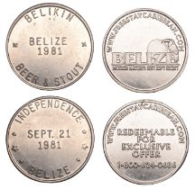 British Honduras, BELIZE CITY, advertising tokens (2), Belikin Brewery, Belize Independence,...