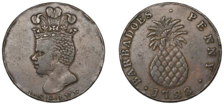 Barbados, ST JAMES, Sir Philip Gibbs, Penny, 1788, African head left with a coronet with a p...
