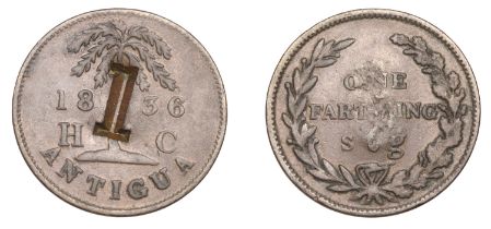 Antigua, ST JOHN'S, Hornel & Coltart, Farthing, 1836, obv. countermarked with incuse 1, 22mm...